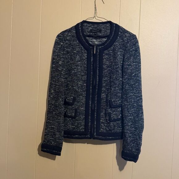 TALBOTS W Sz 4 Navy and White Tweed Braided Trim Jacket Chanel Style lady jacket - Picture 3 of 9